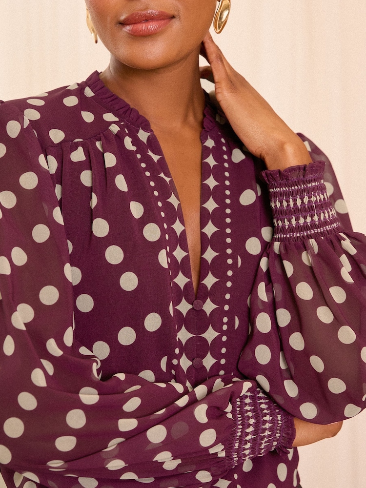 Love & Roses Berry Red Notch Neck Printed Blouse - Image 2 of 4 Love & Roses Berry Red Notch Neck Printed Blouse - Image 2 of 4