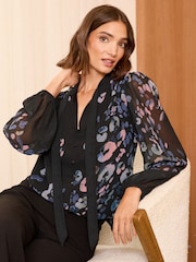 Love & Roses Black Animal Printed Pussybow Black Blouse - Image 1 of 4