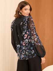 Love & Roses Black Animal Printed Pussybow Black Blouse - Image 3 of 4