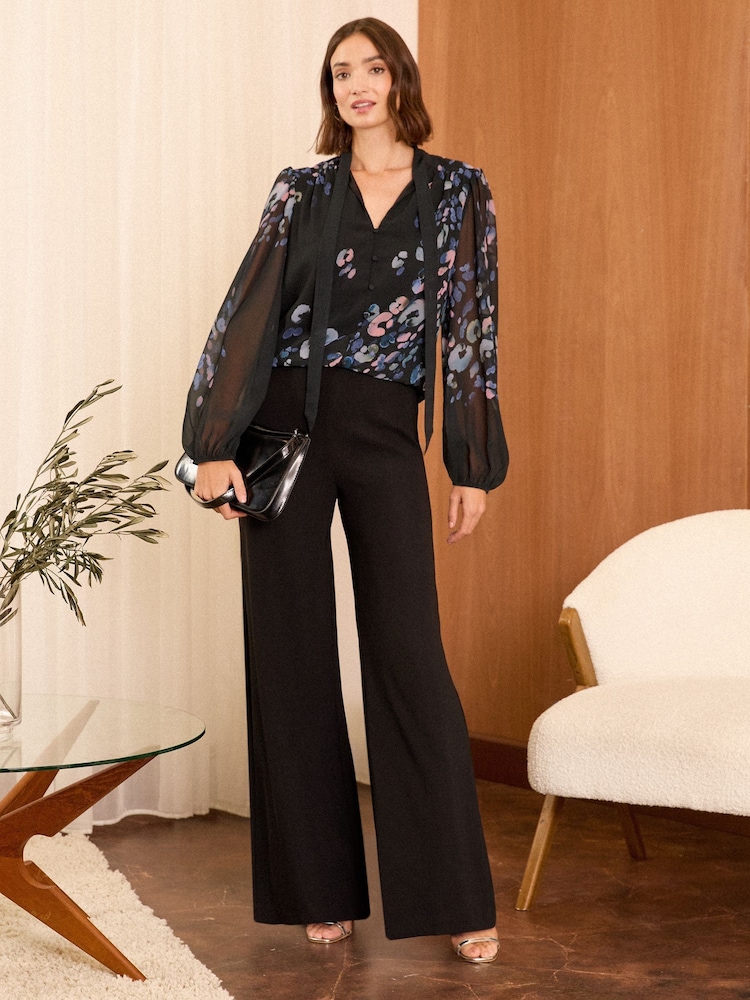 Love & Roses Black Animal Printed Pussybow Black Blouse - Image 4 of 4
