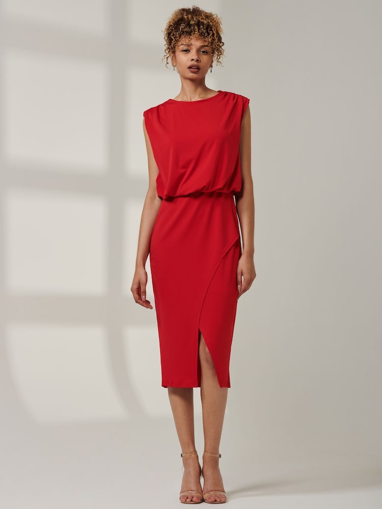 Jolie Moi Red Kira Tiered Draped Bodycon Dress - Image 6 of 6
