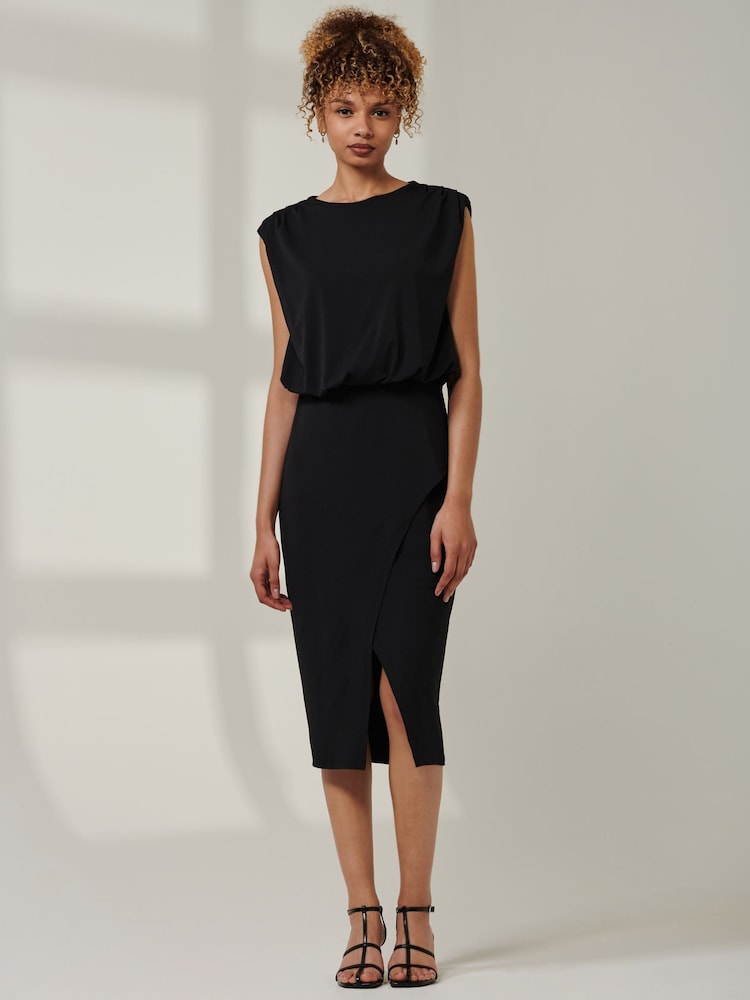 Jolie Moi Black Kira Tiered Draped Bodycon Dress - Image 1 of 6
