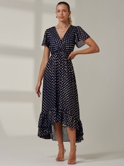 Jolie Moi Blue Metallic Effect Angel Sleeve Maxi Dress - Image 4 of 6