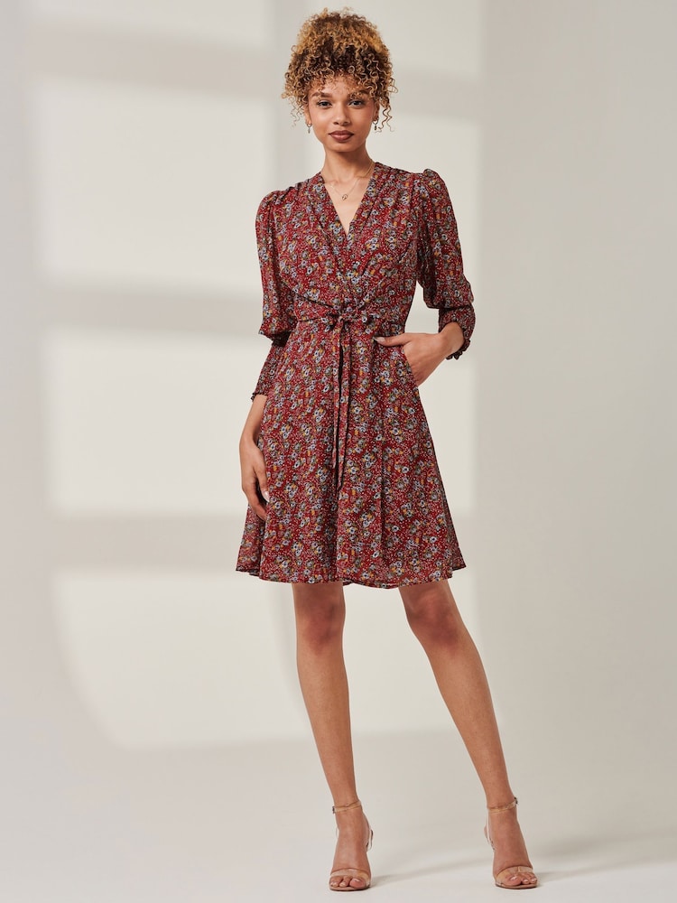 Jolie Moi Red Mini Floral Print Self Tie Dress - Image 1 of 5