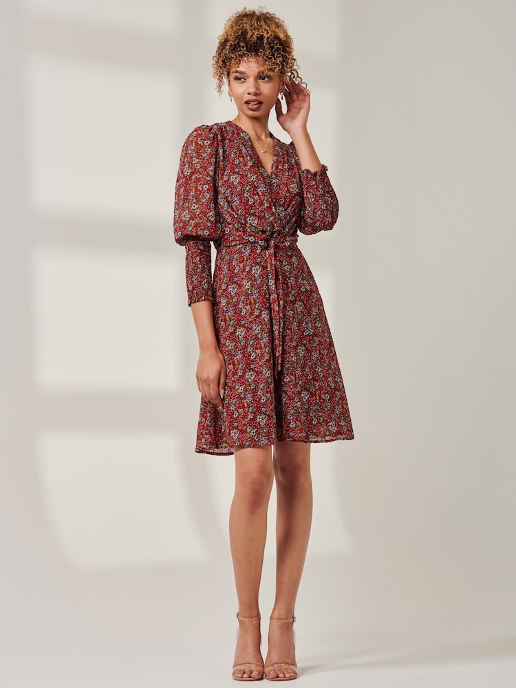 Jolie Moi Red Mini Floral Print Self Tie Dress - Image 5 of 5