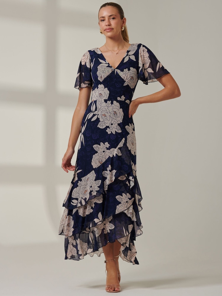 Jolie Moi Blue Floral Printed Tiered Maxi Dress - Image 1 of 6