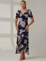 Jolie Moi Blue Floral Printed Tiered Maxi Dress - Image 4 of 6