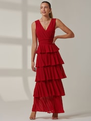 Jolie Moi Red Plain Tiered Mesh Maxi Dress - Image 1 of 6
