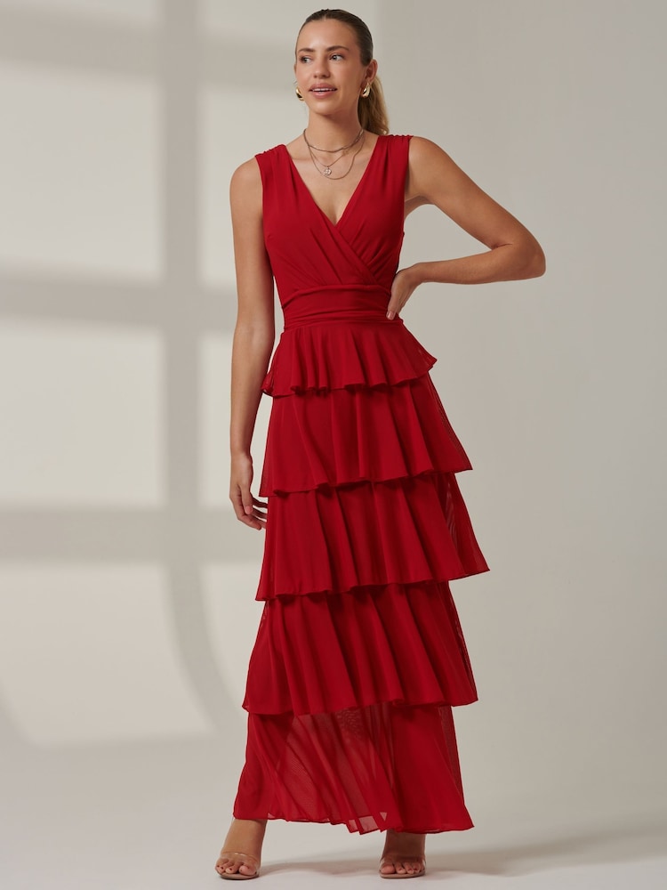 Jolie Moi Red Plain Tiered Mesh Maxi Dress - Image 1 of 6