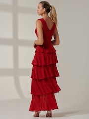 Jolie Moi Red Plain Tiered Mesh Maxi Dress - Image 2 of 6