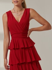 Jolie Moi Red Plain Tiered Mesh Maxi Dress - Image 3 of 6