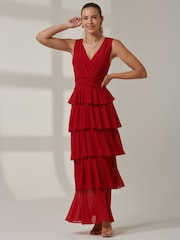 Jolie Moi Red Plain Tiered Mesh Maxi Dress - Image 4 of 6