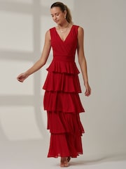 Jolie Moi Red Plain Tiered Mesh Maxi Dress - Image 5 of 6