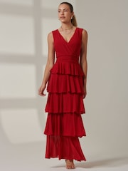Jolie Moi Red Plain Tiered Mesh Maxi Dress - Image 6 of 6