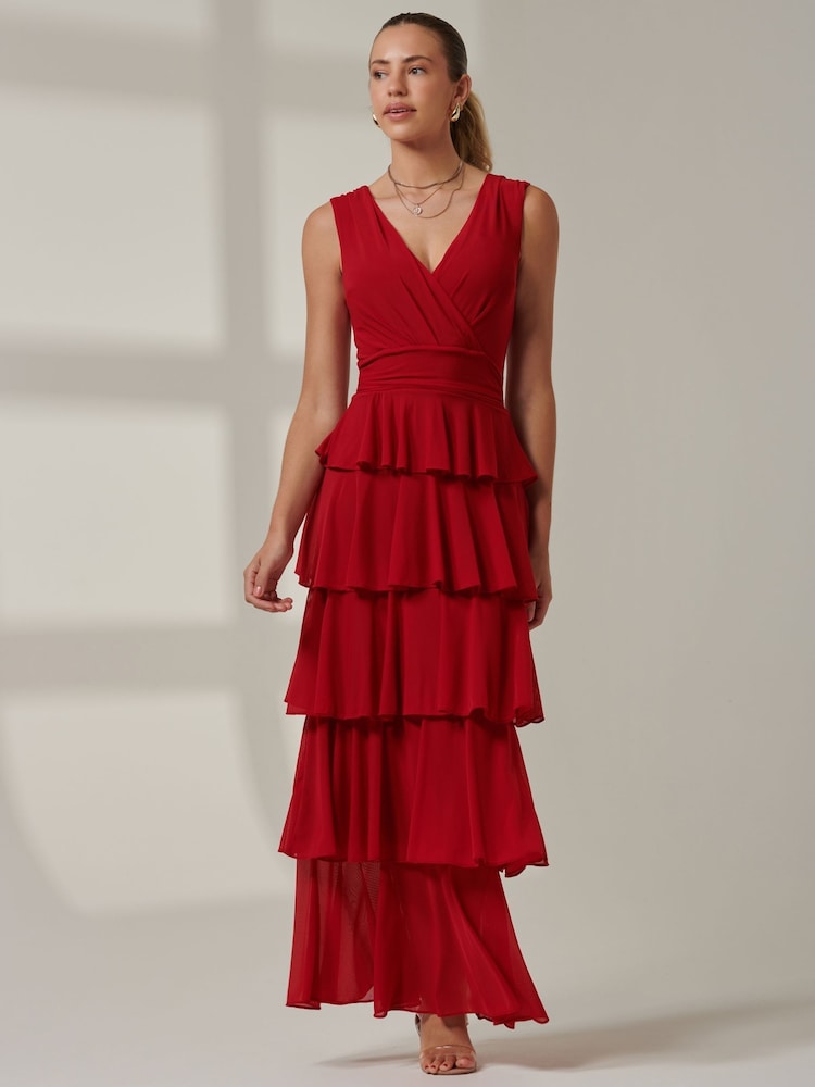 Jolie Moi Red Plain Tiered Mesh Maxi Dress - Image 6 of 6