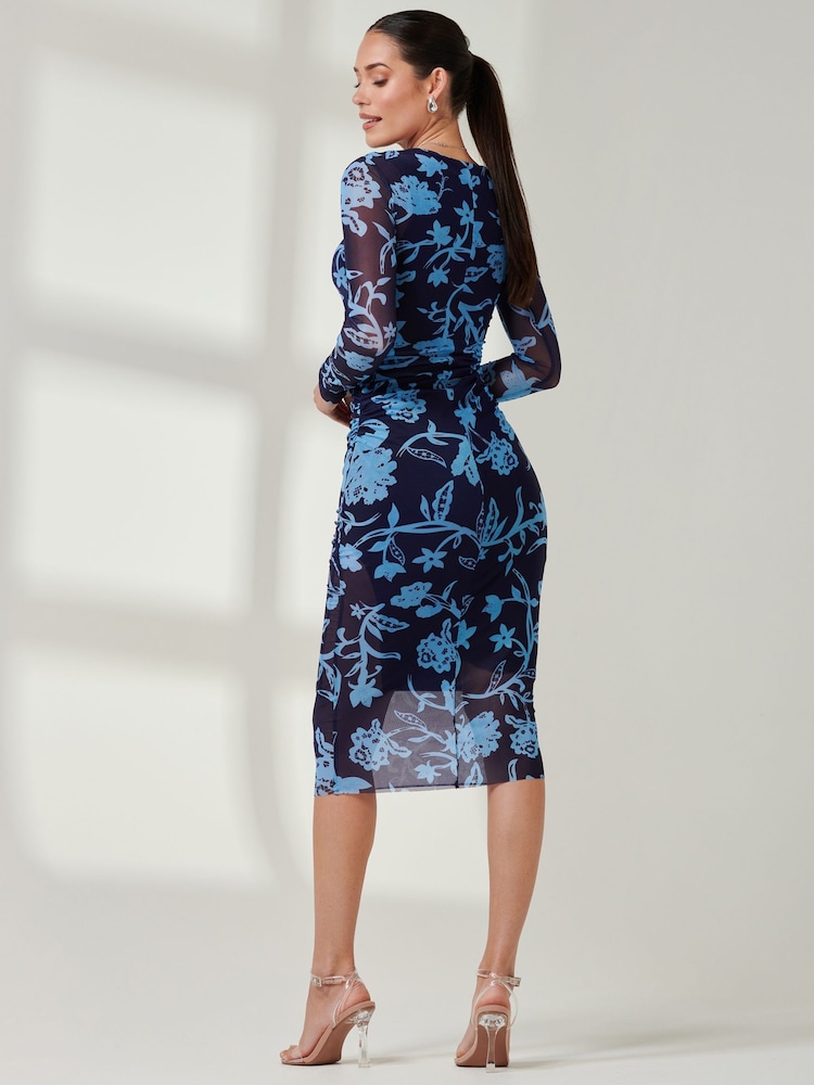 Jolie Moi Blue Ruched Sheath Maxi Mesh Dress - Image 2 of 6