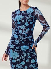 Jolie Moi Blue Ruched Sheath Maxi Mesh Dress - Image 3 of 6