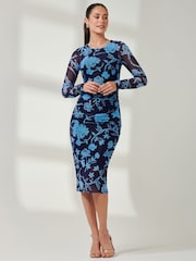 Jolie Moi Blue Ruched Sheath Maxi Mesh Dress - Image 4 of 6