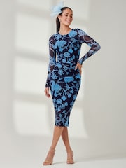 Jolie Moi Blue Ruched Sheath Maxi Mesh Dress - Image 5 of 6