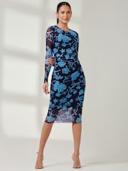 Jolie Moi Blue Ruched Sheath Maxi Mesh Dress - Image 6 of 6