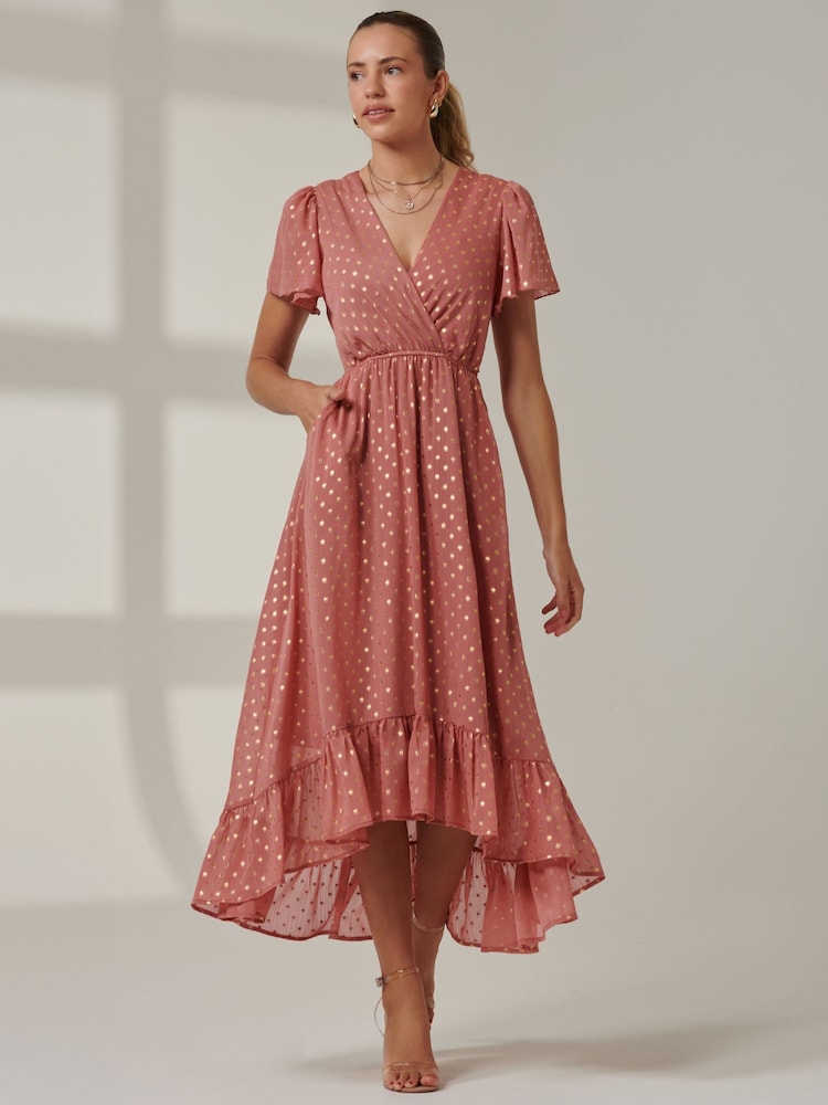Jolie Moi Pink Metallic Effect Angel Sleeve Maxi Dress - Image 1 of 6