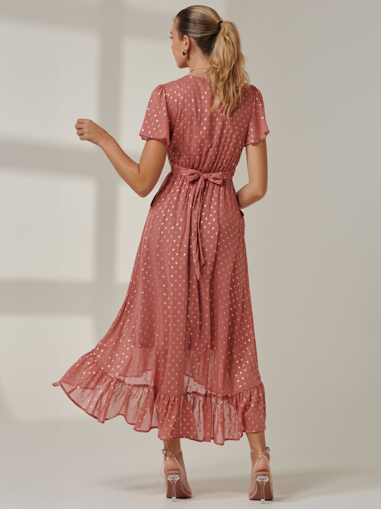 Jolie Moi Pink Metallic Effect Angel Sleeve Maxi Dress - Image 2 of 6