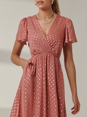 Jolie Moi Pink Metallic Effect Angel Sleeve Maxi Dress - Image 3 of 6