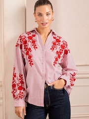 Love & Roses Red Petite Embroidered Stripe Tie Cuff Shirt - Image 1 of 4