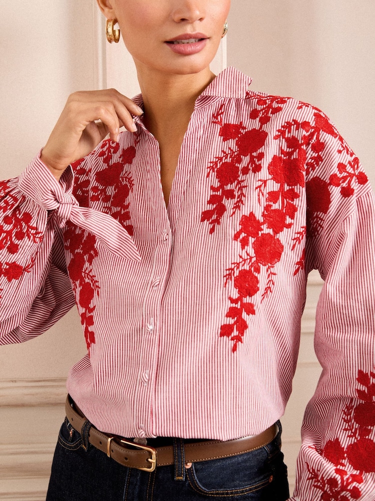 Love & Roses Red Petite Embroidered Stripe Tie Cuff Shirt - Image 4 of 4