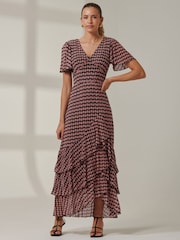 Jolie Moi Pink Geo Print Tiered Maxi Dress - Image 1 of 6