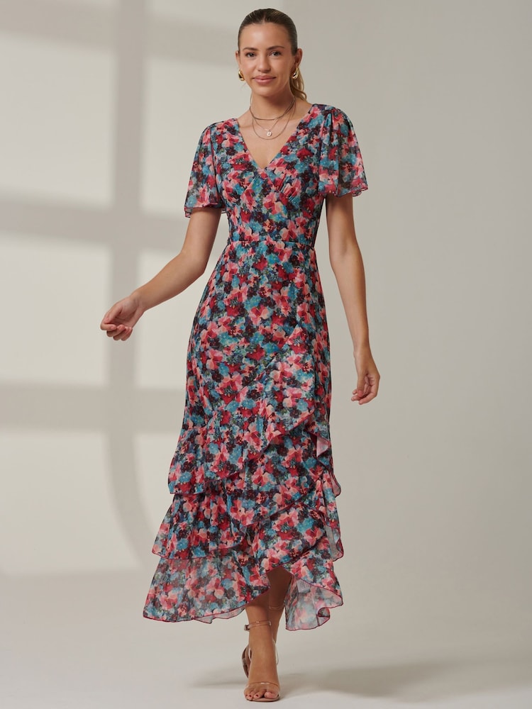 Jolie Moi Blue Angel Sleeve Tiered Hem Maxi Dress - Image 1 of 6 Jolie Moi Blue Angel Sleeve Tiered Hem Maxi Dress - Image 1 of 6