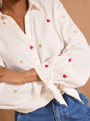 Love & Roses Ivory Heart Embroidered Stripe Tie Cuff Shirt - Image 2 of 4