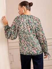 Love & Roses Ivory Animal Petite Printed Notch Neck Poet Sleeve Tie Cuff Blouse - Image 4 of 4