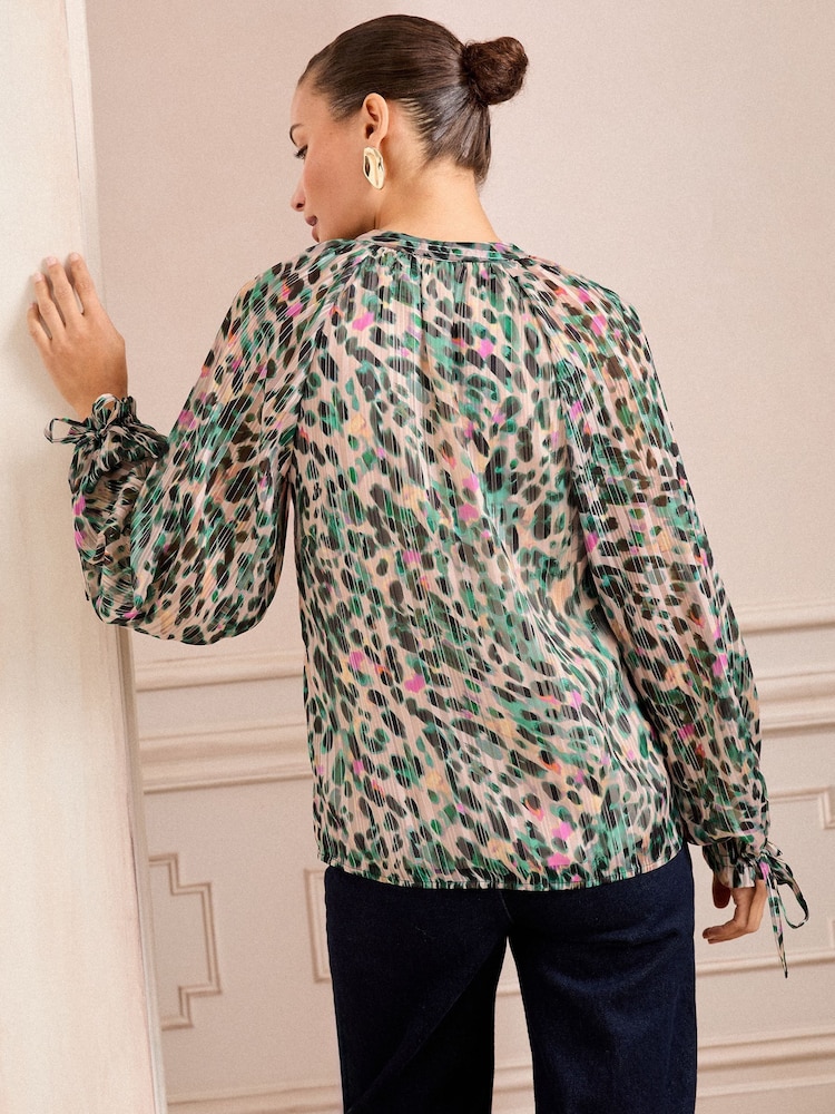 Love & Roses Ivory Animal Petite Printed Notch Neck Poet Sleeve Tie Cuff Blouse - Image 4 of 4
