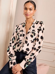 Love & Roses Neutral Animal Petite Print Utility Notch Neck Long Sleeve Shirts - Image 1 of 4