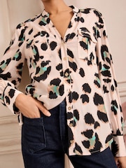 Love & Roses Neutral Animal Petite Print Utility Notch Neck Long Sleeve Shirts - Image 2 of 4