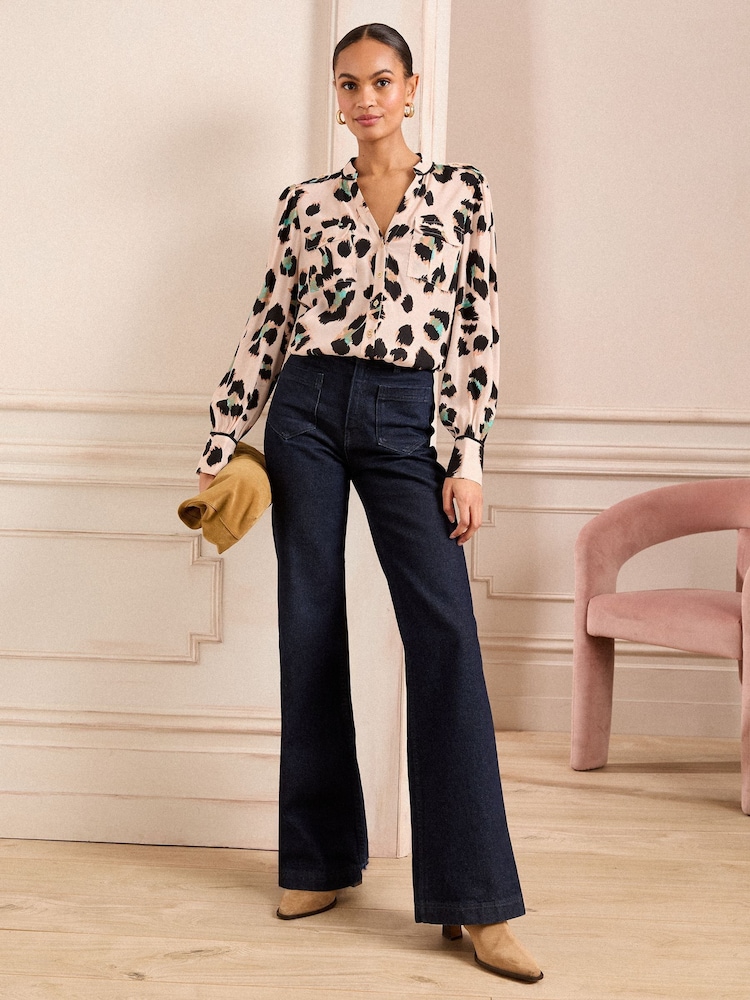 Love & Roses Neutral Animal Petite Print Utility Notch Neck Long Sleeve Shirts - Image 3 of 4