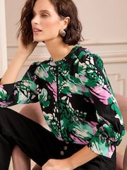 Love & Roses Black Animal Petite Sequin Keyhole Crew Neck 3/4 Sleeve Blouse - Image 1 of 4
