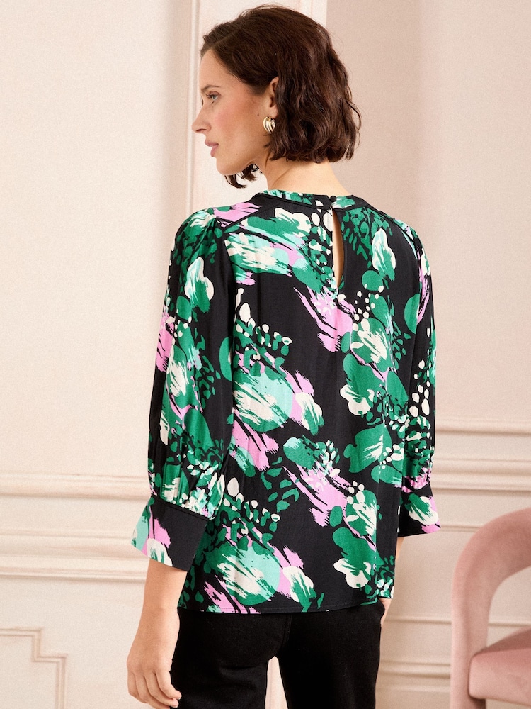 Love & Roses Black Animal Petite Sequin Keyhole Crew Neck 3/4 Sleeve Blouse - Image 2 of 4