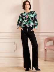 Love & Roses Black Animal Petite Sequin Keyhole Crew Neck 3/4 Sleeve Blouse - Image 3 of 4