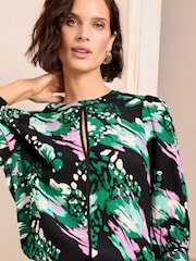 Love & Roses Black Animal Petite Sequin Keyhole Crew Neck 3/4 Sleeve Blouse - Image 4 of 4