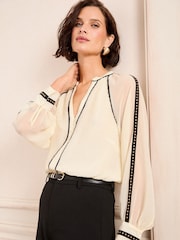 Love & Roses Ivory Petite Zip Detail Pleated Stud Trim Long Sleeve Blouse - Image 1 of 4