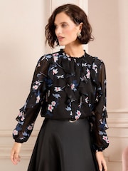 Love & Roses Black Floral Petite Print Ruffle Crew Neck Long Sleeve Blouse - Image 1 of 4