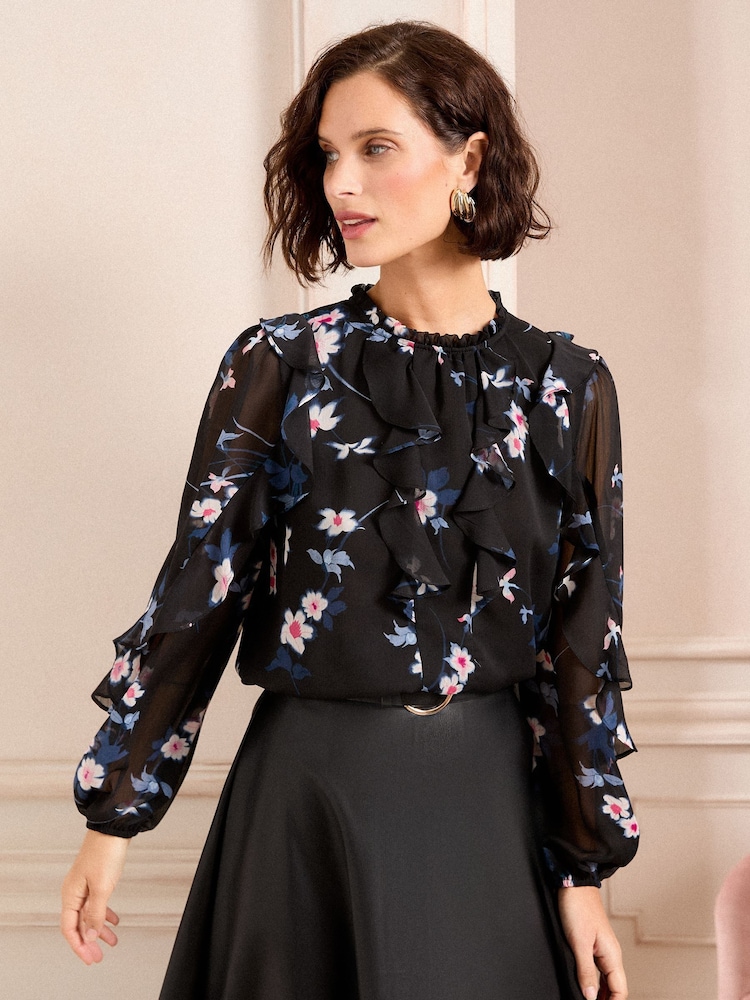 Love & Roses Black Floral Petite Print Ruffle Crew Neck Long Sleeve Blouse - Image 1 of 4