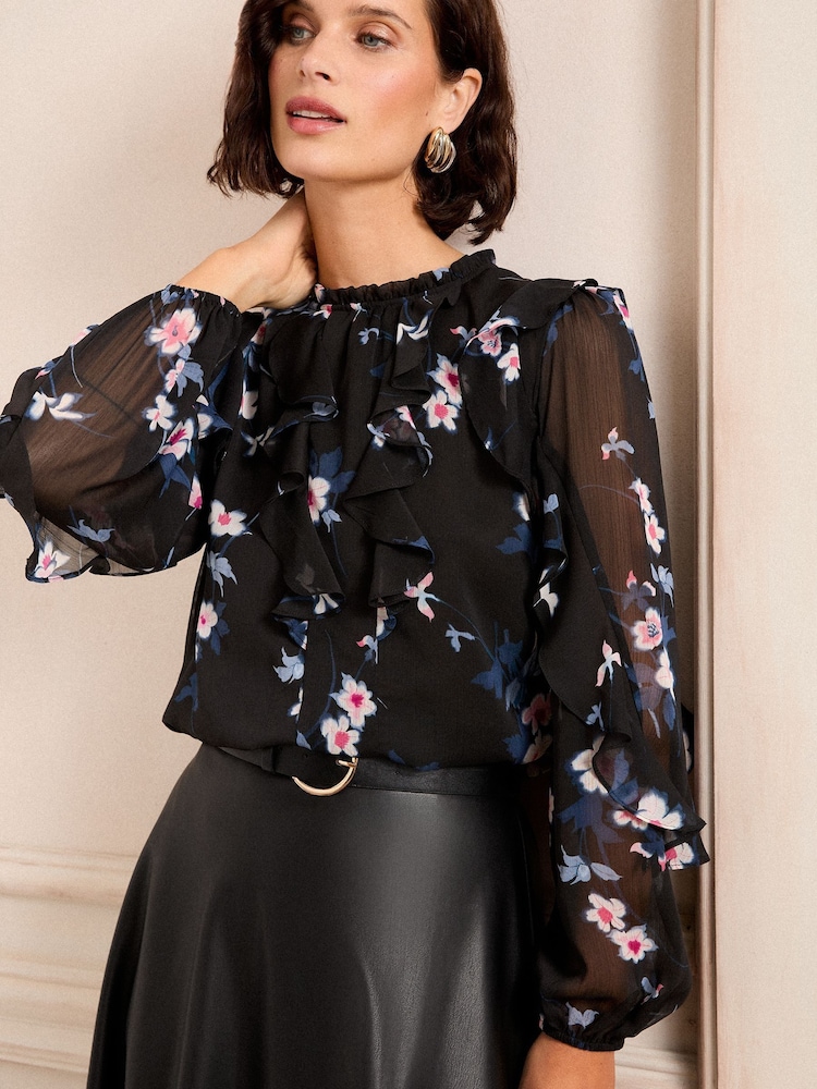 Love & Roses Black Floral Petite Print Ruffle Crew Neck Long Sleeve Blouse - Image 2 of 4
