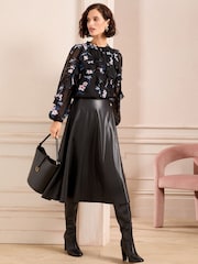 Love & Roses Black Floral Petite Print Ruffle Crew Neck Long Sleeve Blouse - Image 3 of 4