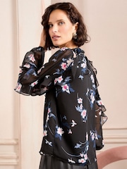 Love & Roses Black Floral Petite Print Ruffle Crew Neck Long Sleeve Blouse - Image 4 of 4