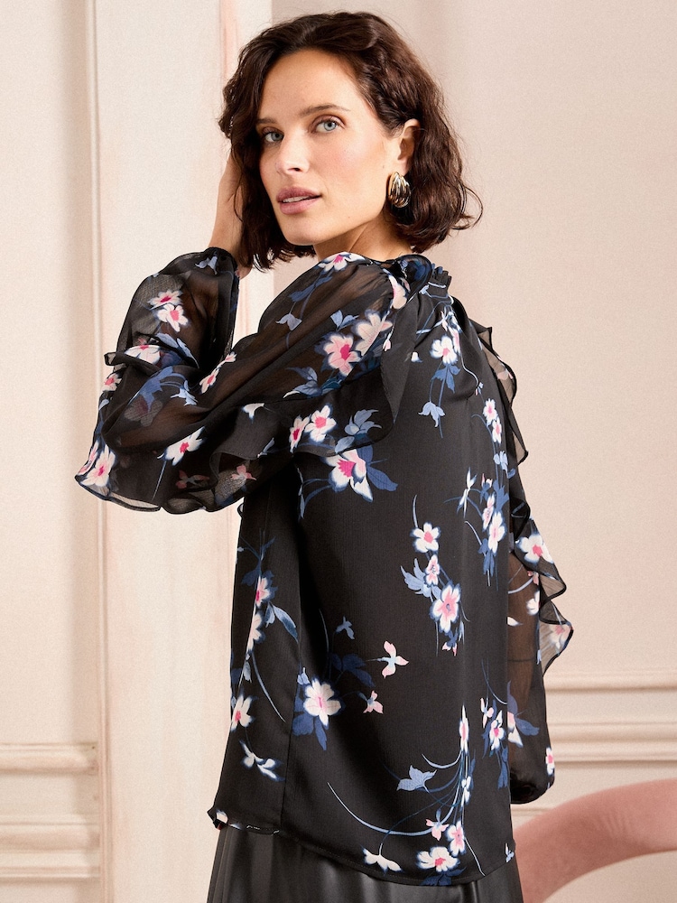 Love & Roses Black Floral Petite Print Ruffle Crew Neck Long Sleeve Blouse - Image 4 of 4