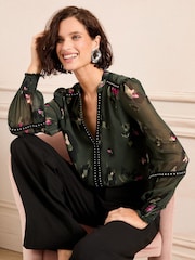 Love & Roses Khaki Green V-Neck Hardware Long Sleeve Blouse - Image 2 of 4