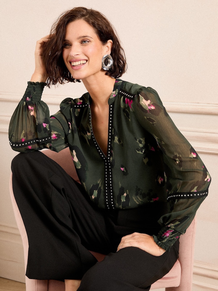 Love & Roses Khaki Green V-Neck Hardware Long Sleeve Blouse - Image 2 of 4